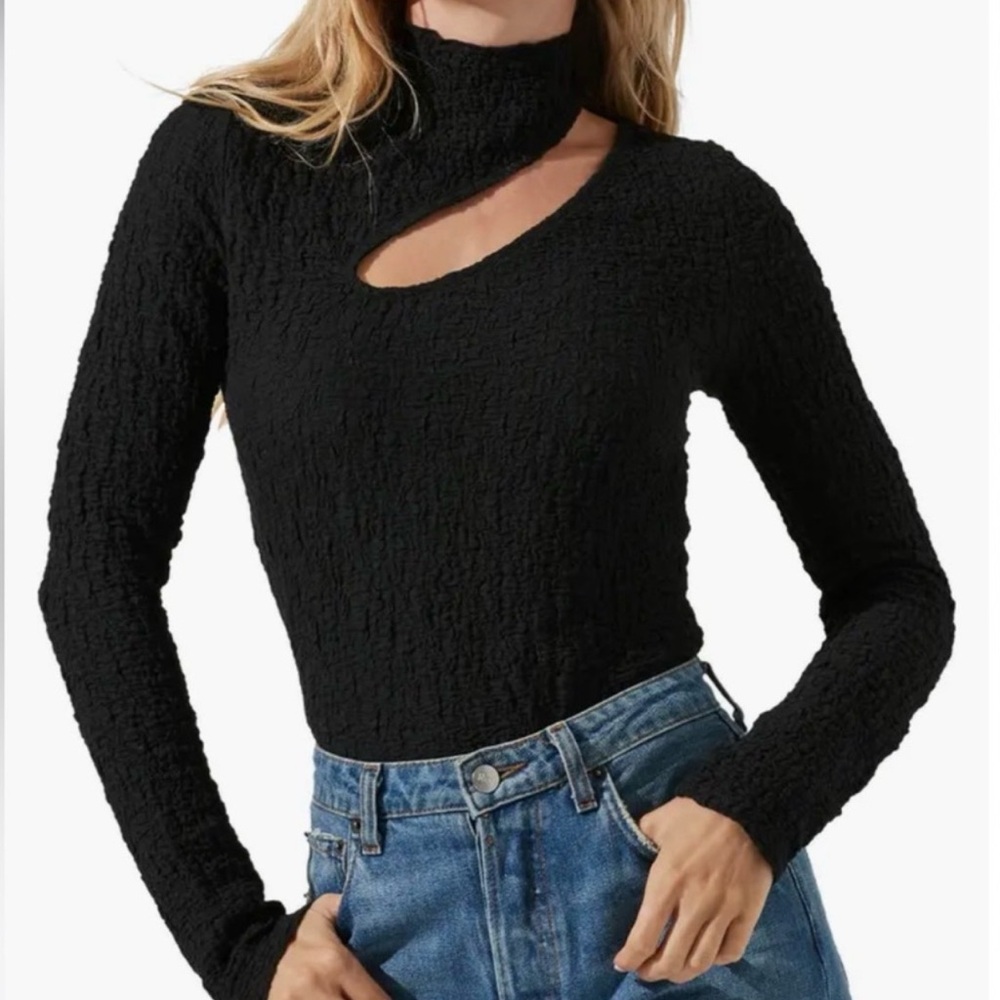 NWT ASTR Asymmetric Cutout Mock Neck Long Sleeve Black Top